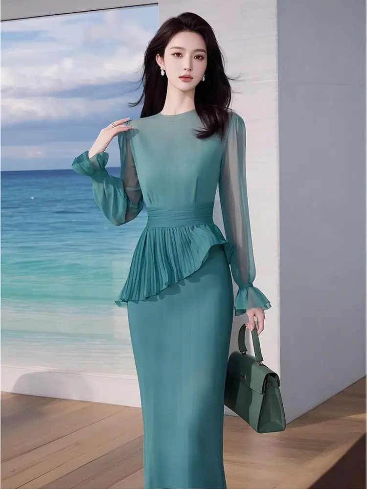

Spring Korean Fashion Ladies High end Elegant Commtuter Bodycon Dress Blue Long Sleeve Hip Wrap Slimming Maxi Dress for Women