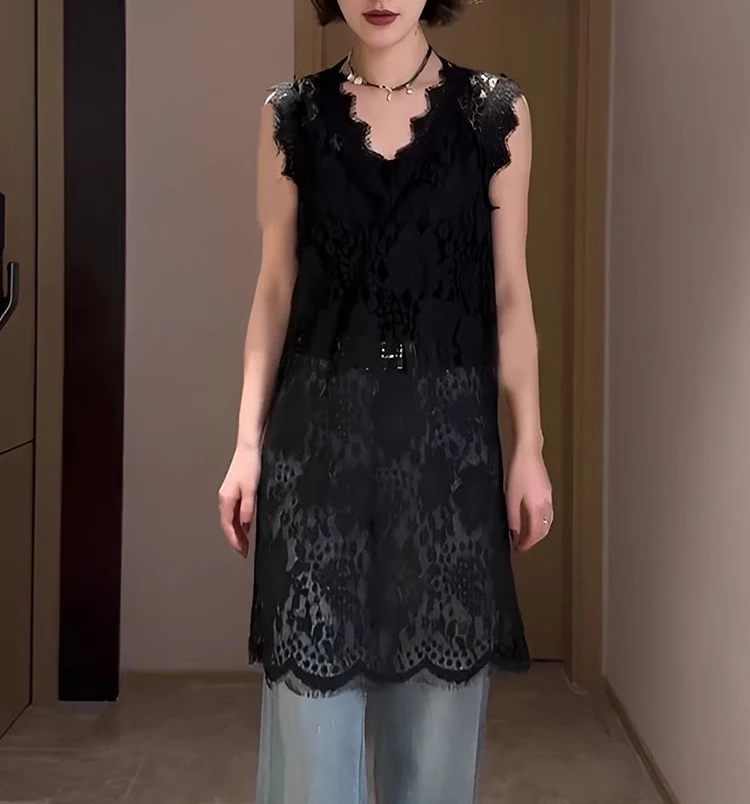 Vestido de encaje transparente sin mangas de verano para mujer, vestido sin mangas blanco y negro transparente de una pieza de estilo coreano, cubierta hueca