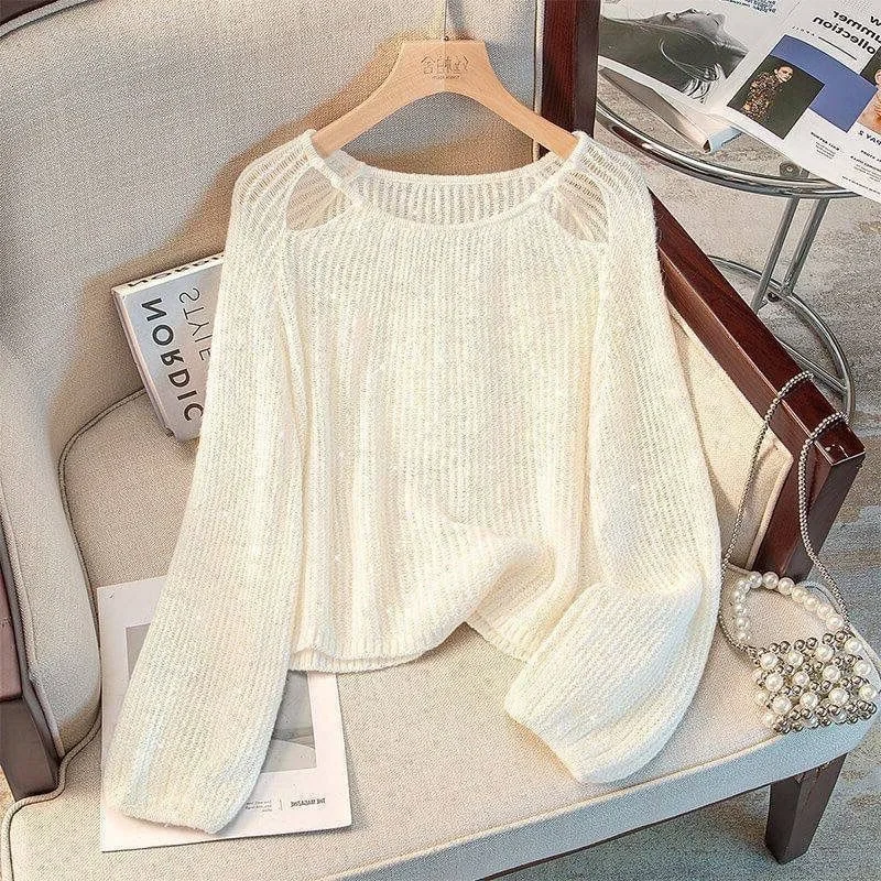 2026 Spring New Fashionable French Elegant Long Sleeve Hoodie Solid Color Thin Cut Hollow Round Neck Knitted Shirt Top for Women