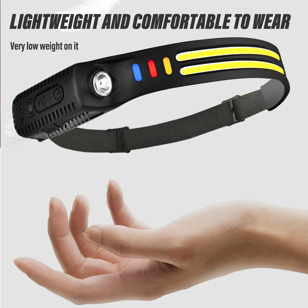 Super Bright COB+LED Fishing Headlamp Rechargeable Flashlight High Power Camping Light with Smart Sensor 3RGB Beads