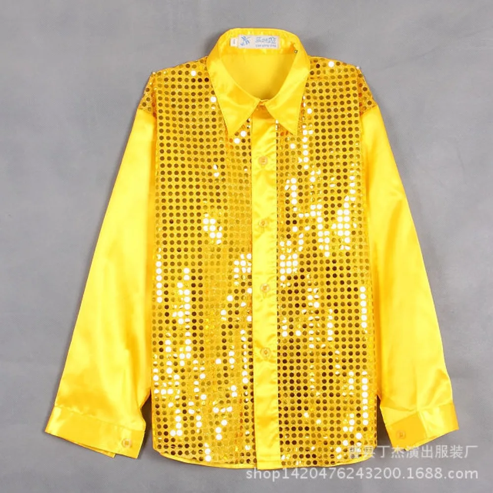 

Рубашка для танцевальных выступлений для мальчиков, блестящий сценический топ для балета, эластичная официальная рубашка с пайетками