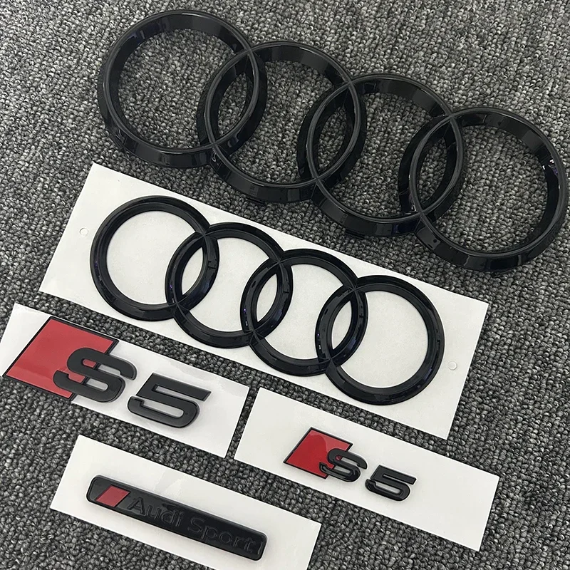 For AUDI S5 2010-2019 2PCS 4Ring logo ABS Black Car Hood Front Grill Emblem Rear Trunk Badge Sticker 2P S5 1P Audi Sport