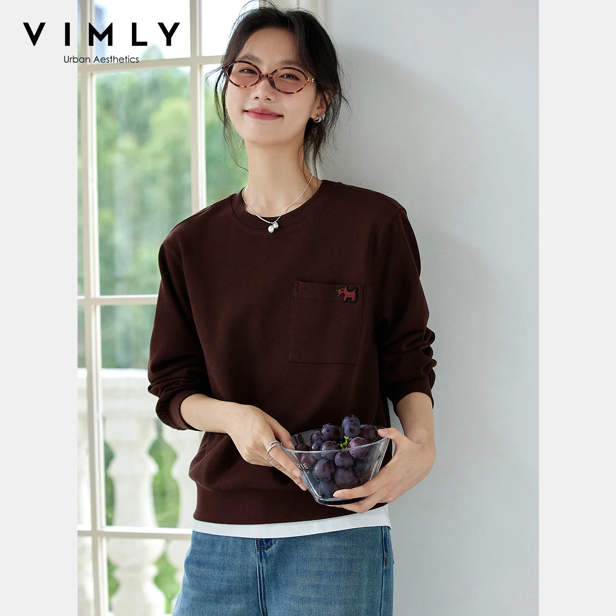 

VIMLY Sweatshirts Women Fashion Brown Autumn 2025 Casual Pocket Round Neck Loose Sweatshirt Long Sleeve Knitted Lady Tops A2077