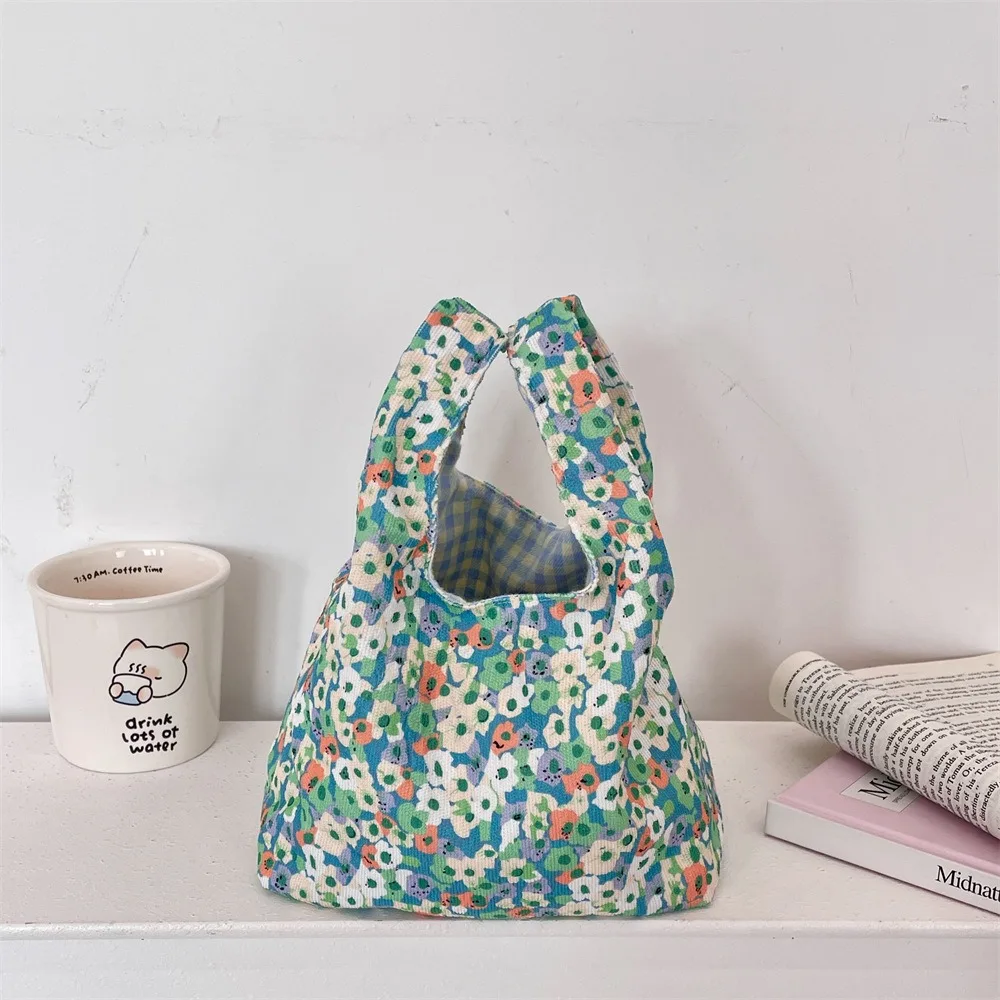 

Portable Japanese Style Floral Wrist Bag Casual Literary Printing Handbag Commuting Corduroy Small Item Pouch Outdoor