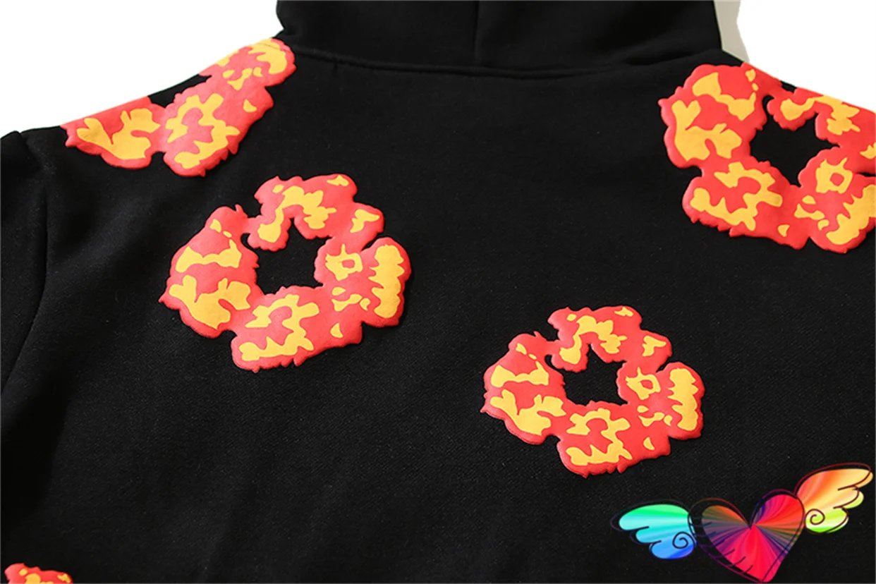 Full Puff Doughnut Logo Hoodie Men Women Flame Kapok Hoodie High Quality Pullovers Vintage Fleece Sweatshirts