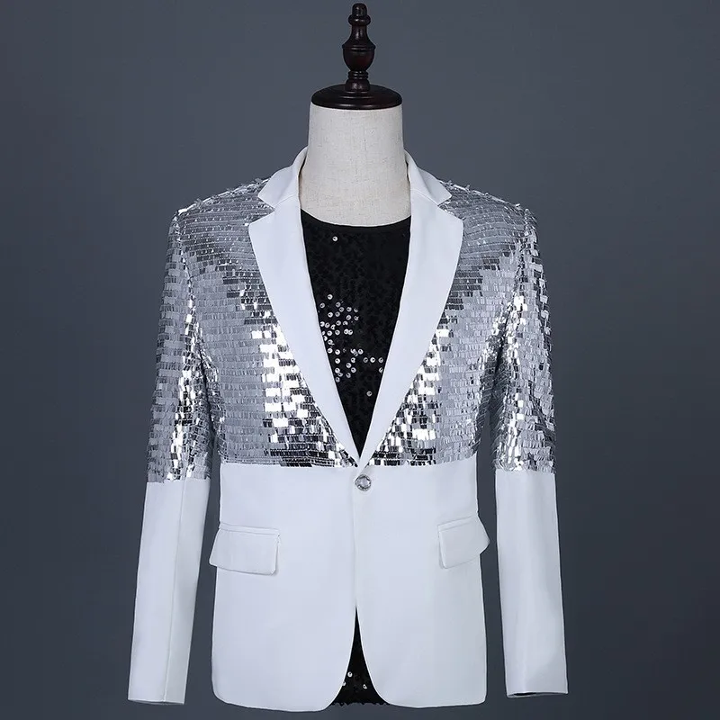 2025 men's silver half-length sequined  blazer, singer banquet guest host magician photography photo  blazer