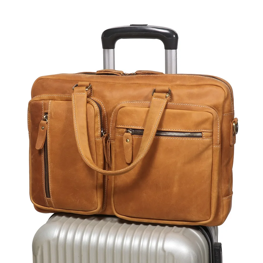Nesitu Highend Brown A4 Thick Genuine Leather 14'' Laptop Executive Office Men Briefcase Portfolio Business Messenger Bag M9050