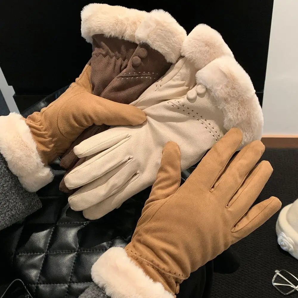 Faux Fur Trim Suede Winter Touch Screen Gloves Cold Weather One Size Windproof Thick Gloves Retro Fleece Lined Gloves