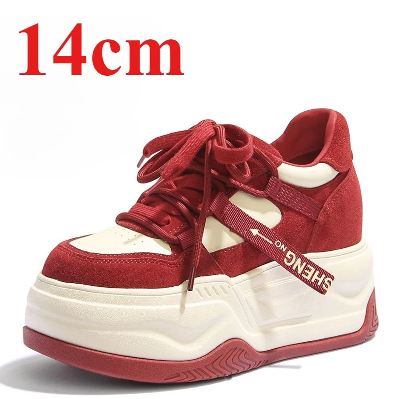 

Уличная обувь для девочек, красная обувь, увеличивающая рост, для женщин, повседневная обувь увеличенного размера 14 см, туфли на высоком каблуке из натуральной кожи