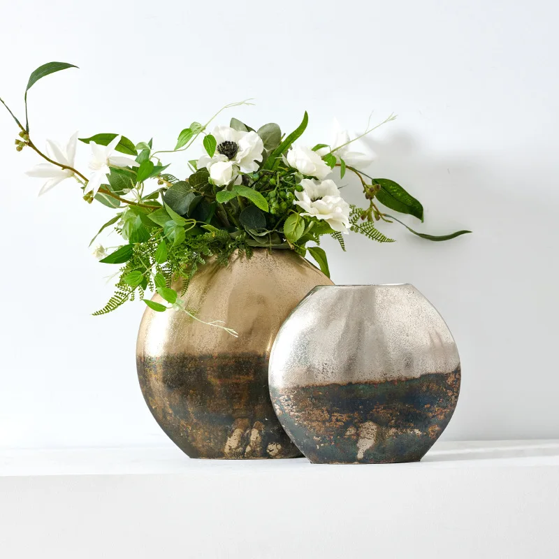 Aluminum gold silver museum style ink painting round flat flower ware home desktop porch vase ornament