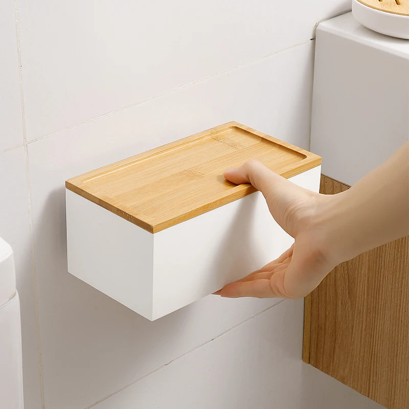 【Zhubai Home】Japanese Style Simple Punch-free Wall Hanging Tissue Box Bathroom Household Paper Box Bamboo and Wood Roll