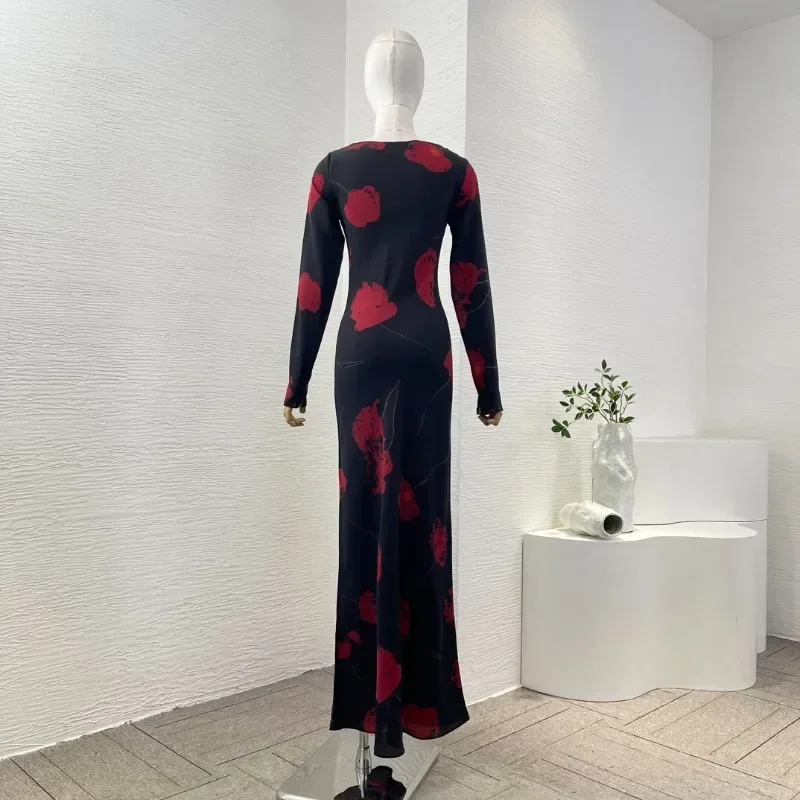 Silk Red Floral Print 2024 New High Quality Long Sleeve Black Women Maxi Mermaid Dresses