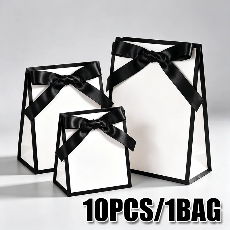 10/30/50PCS Black and White Bow Gift Handbag with Ribbon Scarf Portable Tote Bag for Wedding Birthday Party Shopping Favors