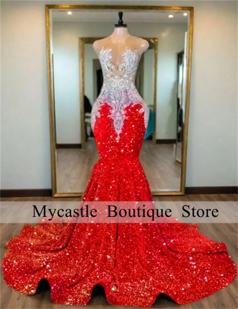 

Sparkly Red Sequin Long Prom Dresses For Black Girl 2025 Appliques Birthday Party Dress Bead Crystal Formal Gown Customized