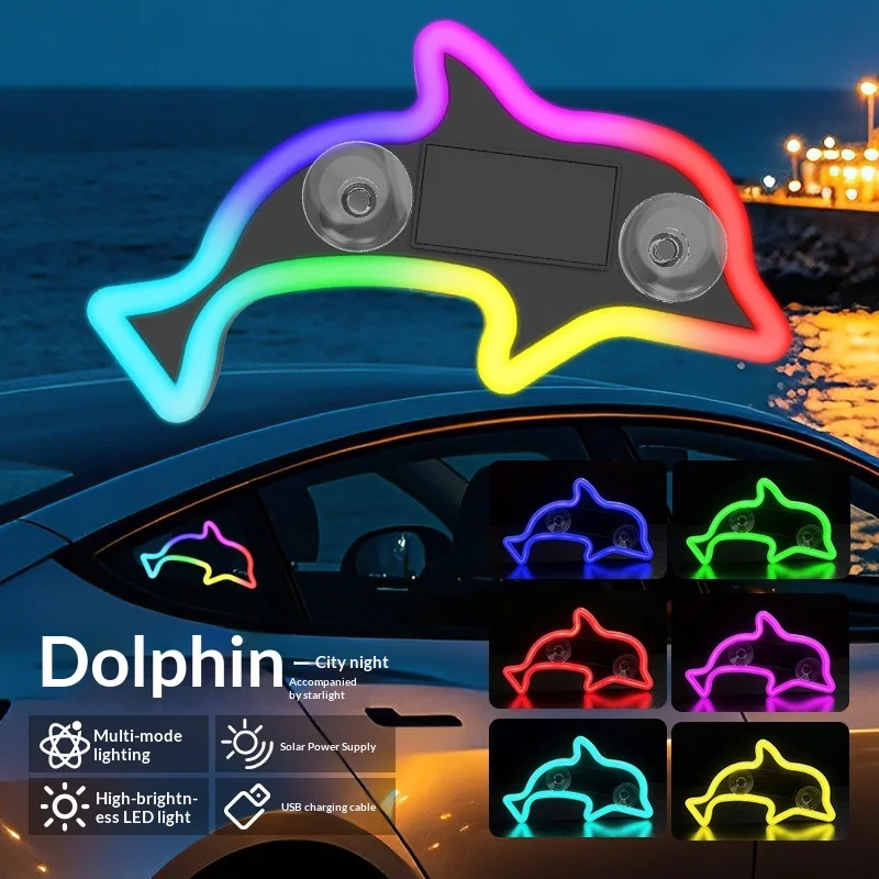 1Pc Solar Dolphin Triangle Window Ambient Light Wireless LED Fun Decor Lamp for Car Rear Window Interior Atmosphere Ornament