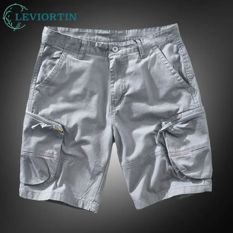 

Мужские уличные шорты-карго, 100% хлопок, 2024, японские летние однотонные повседневные шорты свободного покроя с несколькими карманами на молнии