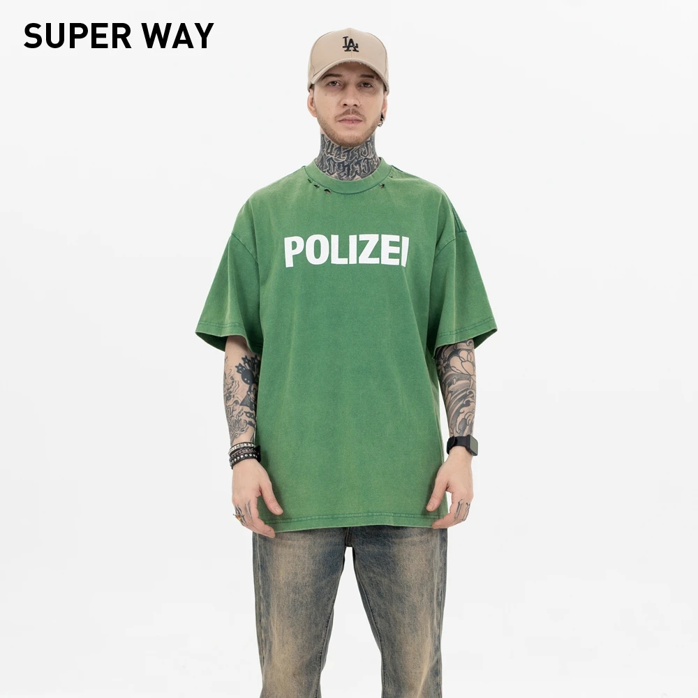 

Superway Original Design Vintage Letter Printed T-Shirts Men's Casual Ripped Short Sleeves Summer Cotton Tees High Street Tops