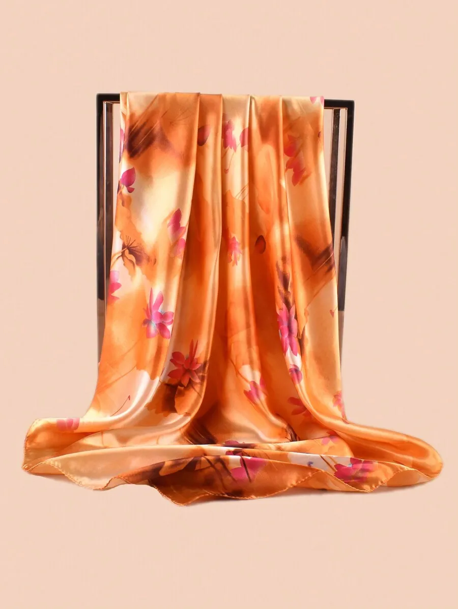 

Elegant Floral Print Faux Silk Square Scarf For Women, Casual Sunscreen Headscarf Bandana Hair Wrap
