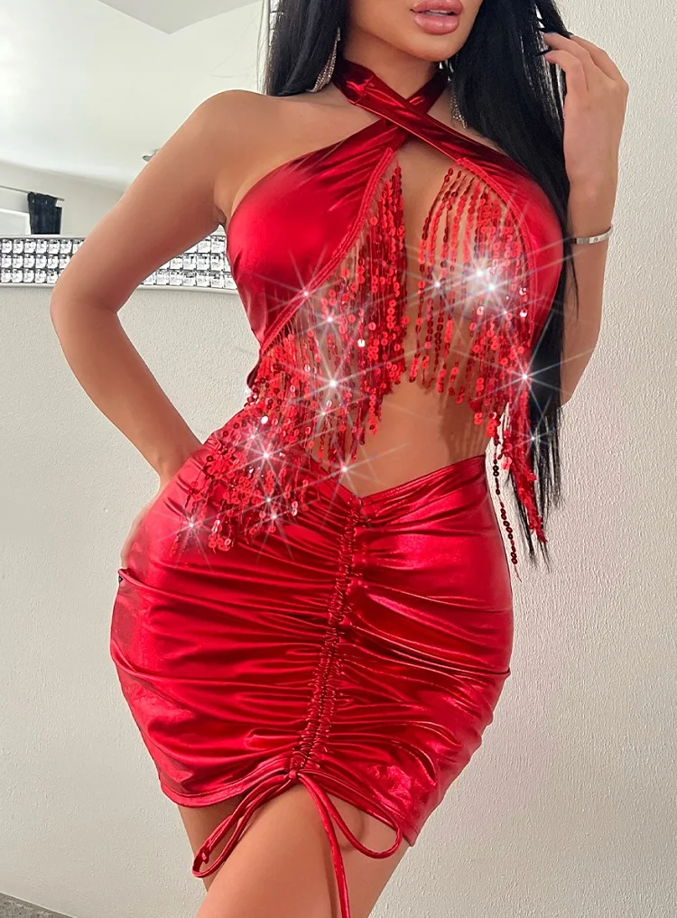 2024 novo europeu e americano de luxo natal vermelho borla sexy halterneck hottie hip envoltório saia vestido