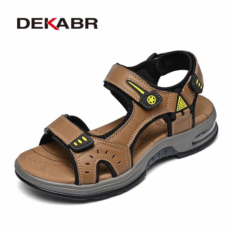 DEKABR Summer Men Top Layer Cowhide Sandals Adjustable Magic Tape Air Cushion Outdoor Beach Sandals
