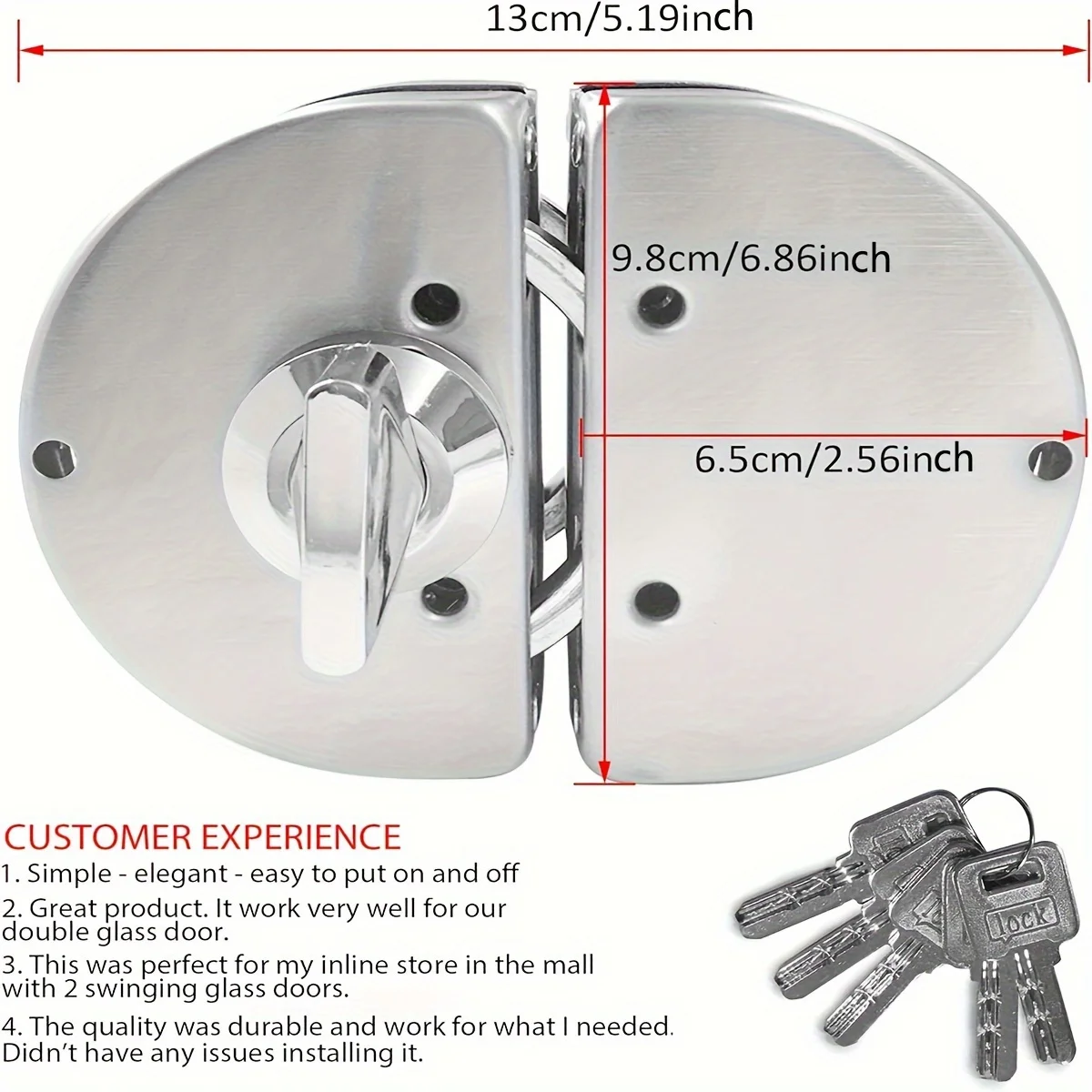 กุญแจล็อคประตูบานเลื่อนแบบแก้วขนาด 10-12 มม. พร้อมกุญแจ 3 ดอก สำหรับประตูกระจกนิรภัย ล็อคประตูแบบสองบาน ล็อคแบบตะขอครึ่งวงกลม