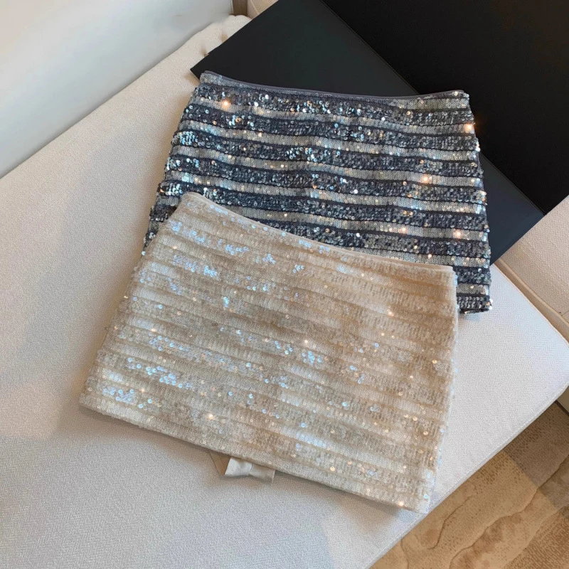 

Casual Versatile Striped Tight-fitting Sequin Skirt For Women Low Waist Short Skirt Temperament Apricot A-line Skirt New