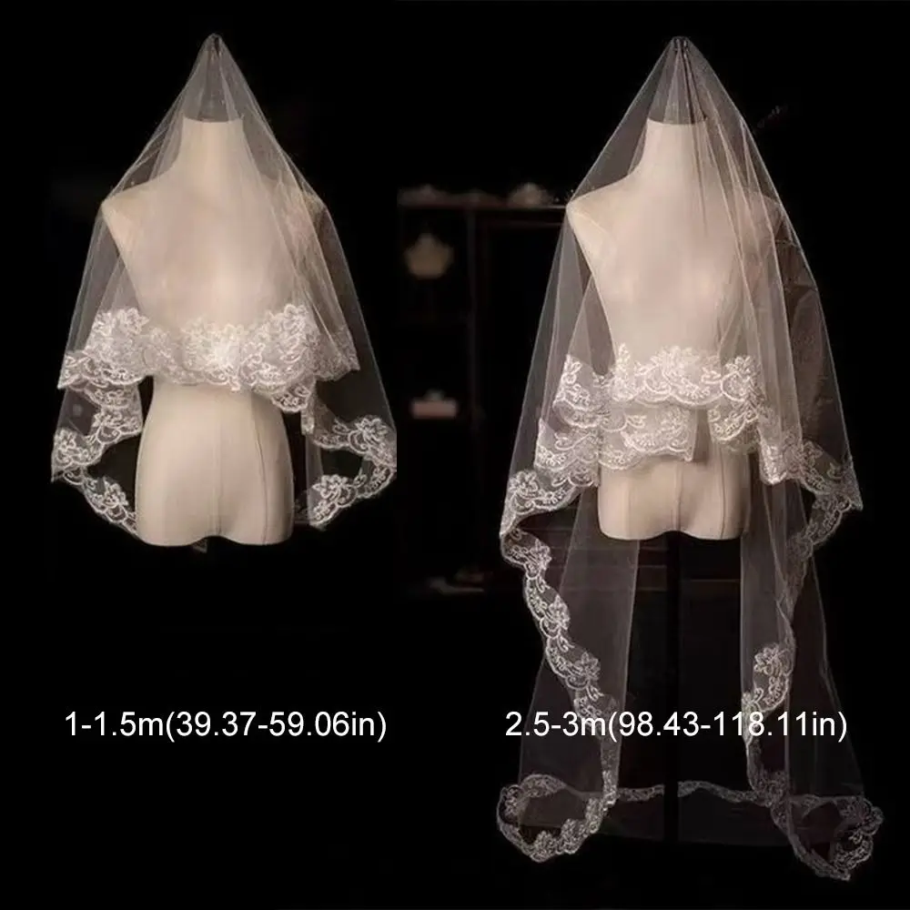 エレガントなレースフラワーブライダルベールソフトチュール単層ウェディングベールホワイトロング花嫁ヘッドガーゼ花嫁アクセサリー