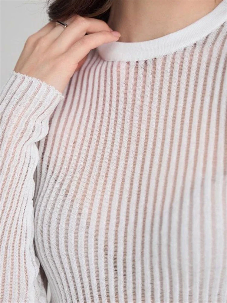 Ribbed See-Through Knit Pullover Female Hollow Out Slim Solid Long Sleeve Top Sheer Casual Knitwear Ladies Pullover Summer