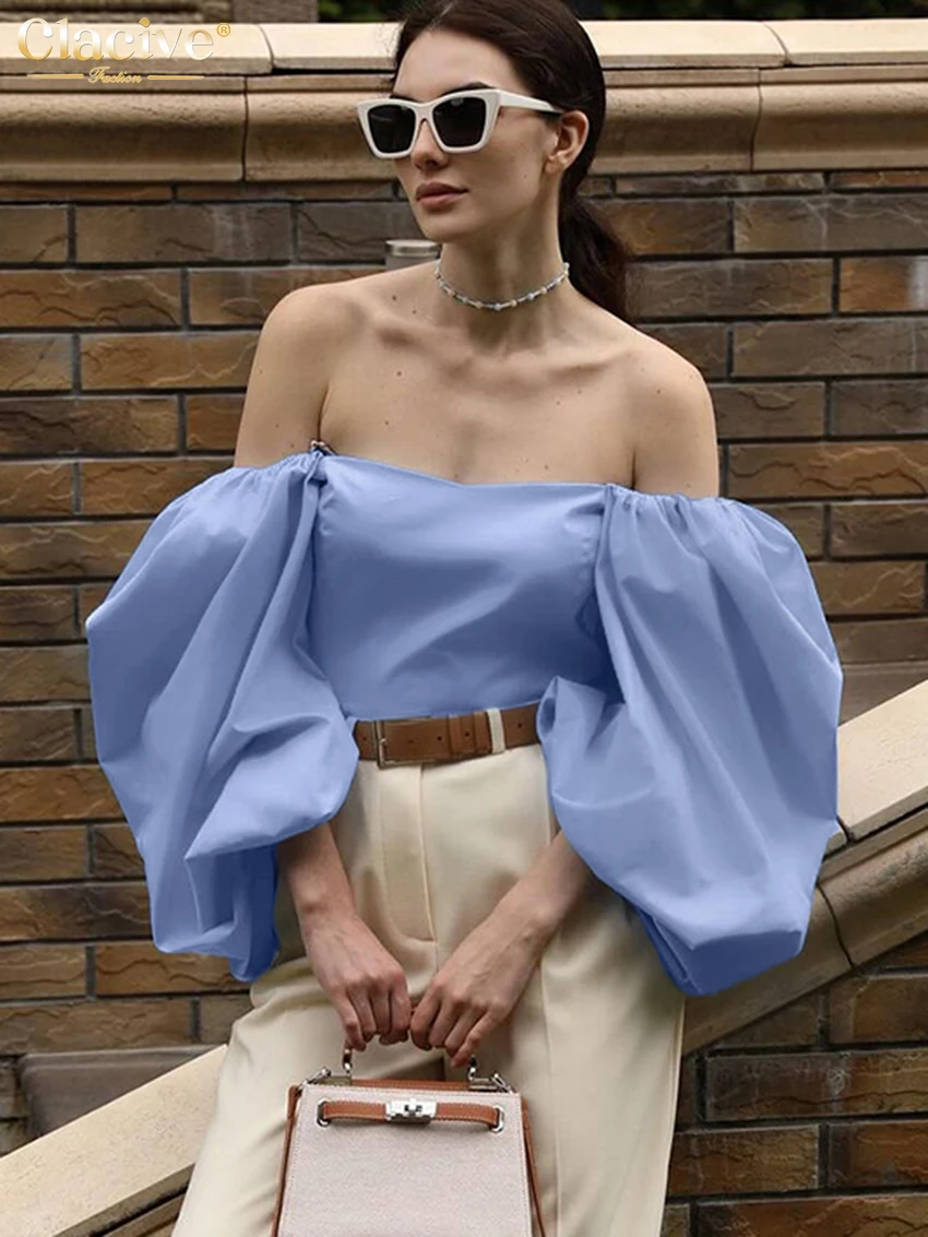 Clacive Fashion Loose Blue Women\'s Shirt 2025 Elegant Square Collar Puff Sleeve Shirts Casual Classic Solid Top Female Clothing