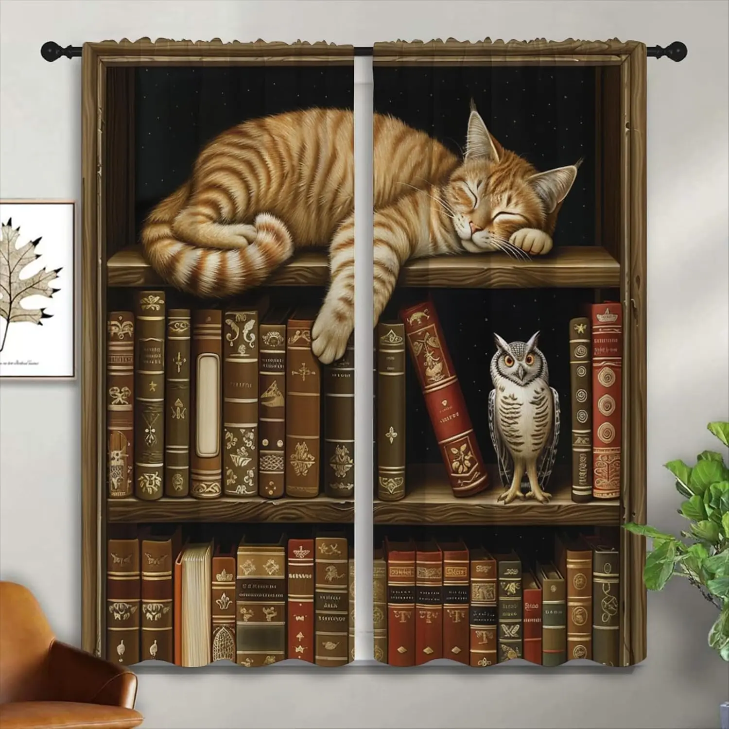 Vintage Bookshelf Cat Owl Rod Pocket Curtain Sleep Ginger Tabby Antique Books Owl Night Star Print Study Library Living Room