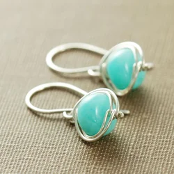 Sky blue jewel earrings, Amazon stone thread winding handmade jewelry
