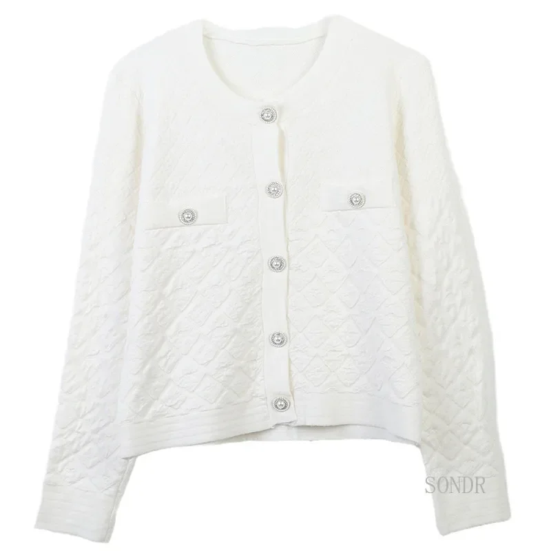 Monochrome Knitted Cardigan for Women, Round Neck, Jacquard Sweater, White and Black Tops, Korean Fashion, Fall and Winter