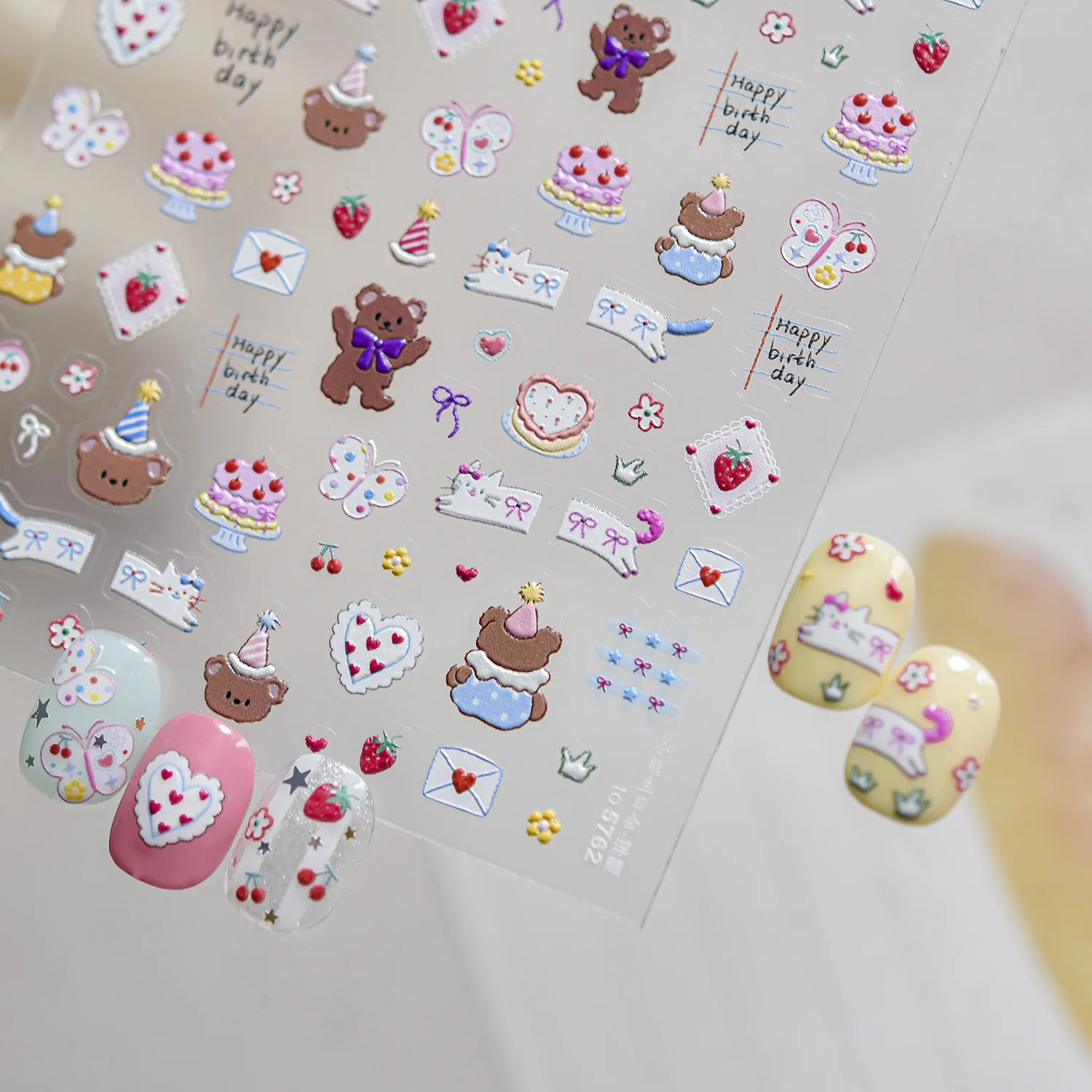 Cute 5D Nail Stickers Kawaii Teddy Bear Birthday Cake Bow Nail Decorations Stickers 3D Embossed self-adhesive Nail stickers DIY