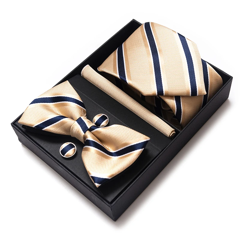 High Grade Festive Present Bow Tie Handkerchief Pocket Squares Cufflink Set Necktie Box Sliver Man's