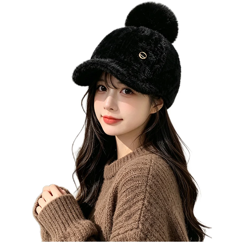 For Women\'s Winter Plush Knitted Baseball Cap with Fleece Lined Interior and Soft Visor Brim for Cold Weather Protection