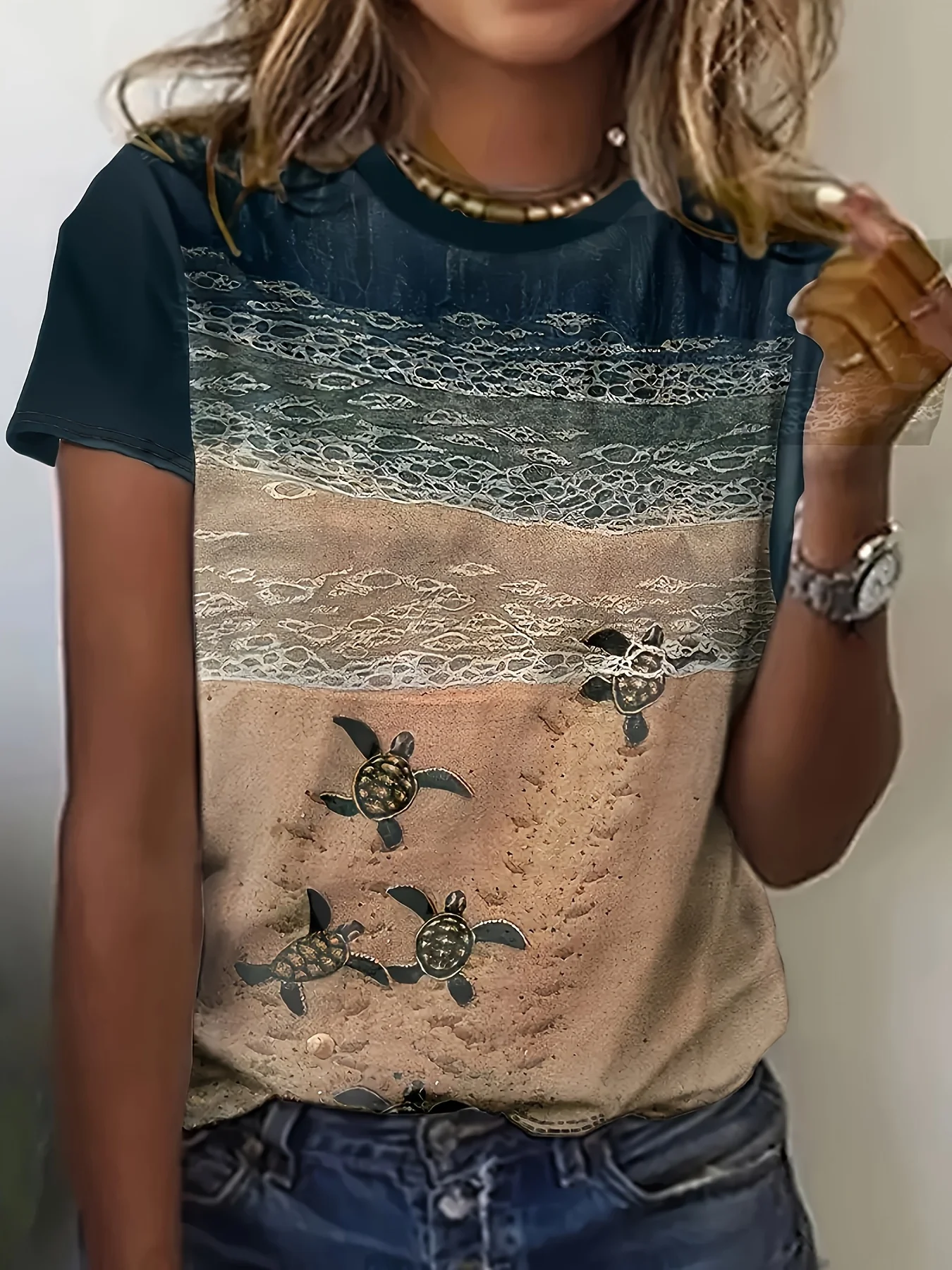 Navy Beach Women's Tee - Baby Turtles & Ocean Waves Graphic, Coastal Print Design for Casual Daily Wear