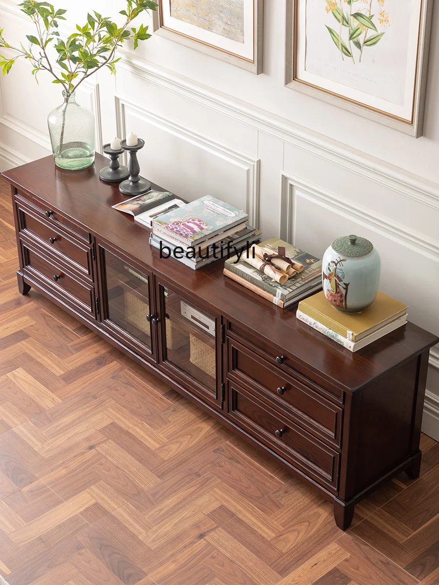 American Country Solid Wood So Easy So Beauty Retro TV Cabinet and Tea Table Combination Walnut Color Storage Floor Cabinet