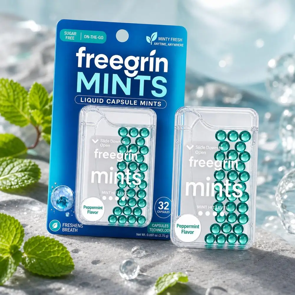 Freegrin Mints Liquid Capsule Mints Sugar Free Peppermint Breath Freshener Beads Portable 32 Capsules For Bad Breath
