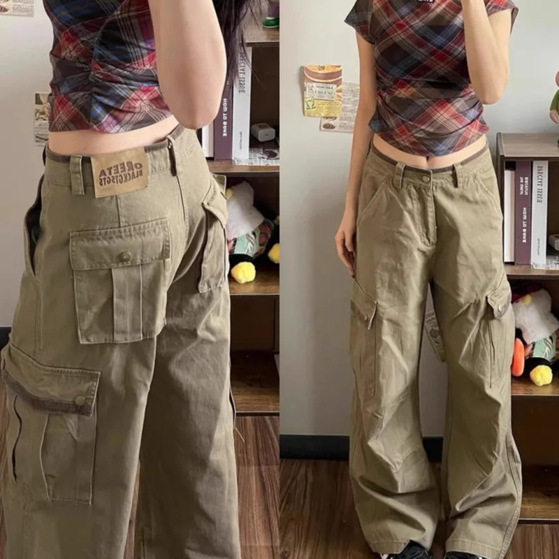 

American Denim Retro Multi Pocket Workwear Jeans Women Spring Autumn High Street Wide Leg Loose Straight Leg Floor Pants New