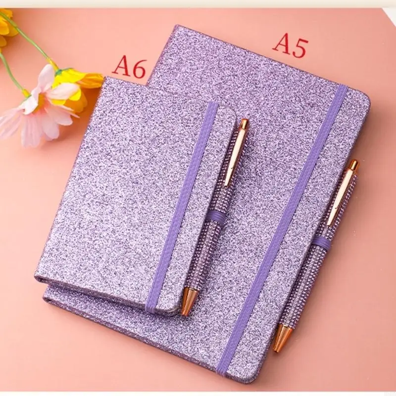 Pen-And-Journal Set with Glitter Cover, Side Loop and Elastic Closure for Work Writing, Study Entries and Journaling H8WD