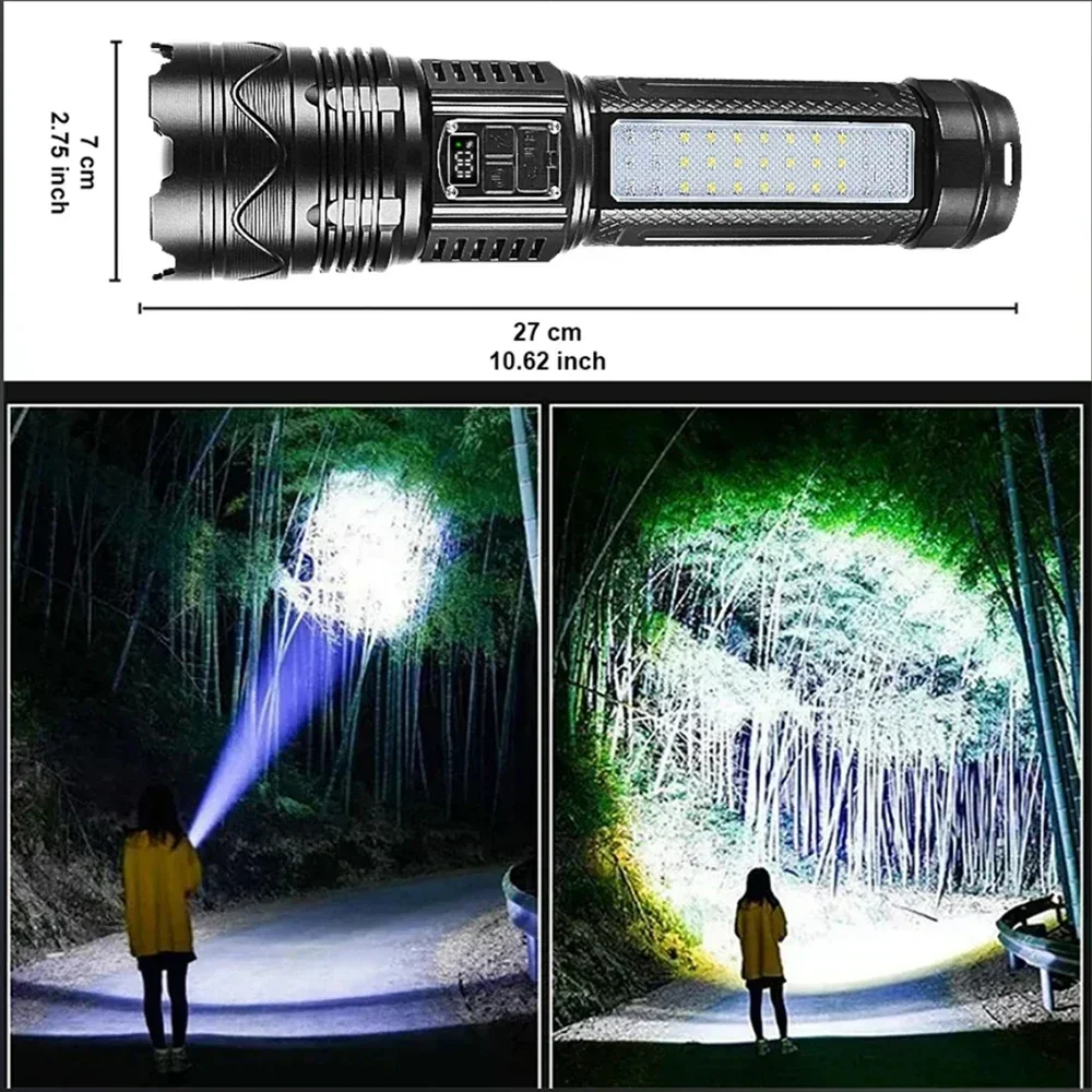 Powerful LED Flashlight Type-C Rechargeable Zoomable Torch with Strap 9000M Long Shot Camping Lantern 15000mAH Power Bank Light