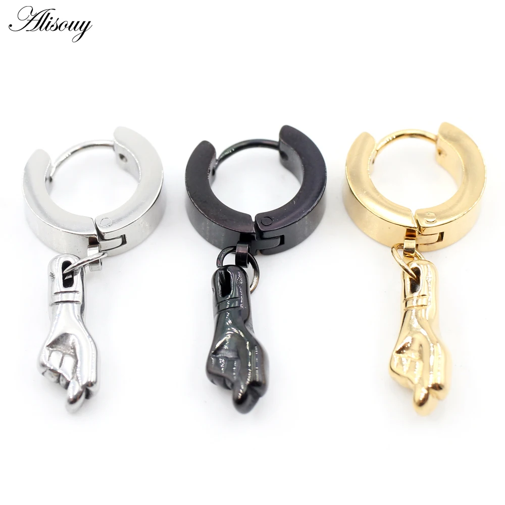 Alisouy 2PC Stainless Steel Cross Starfish Sword Axe Moon Pepper Pendant Women Men Small Huggie Round Smooth Circle Hoop Earring