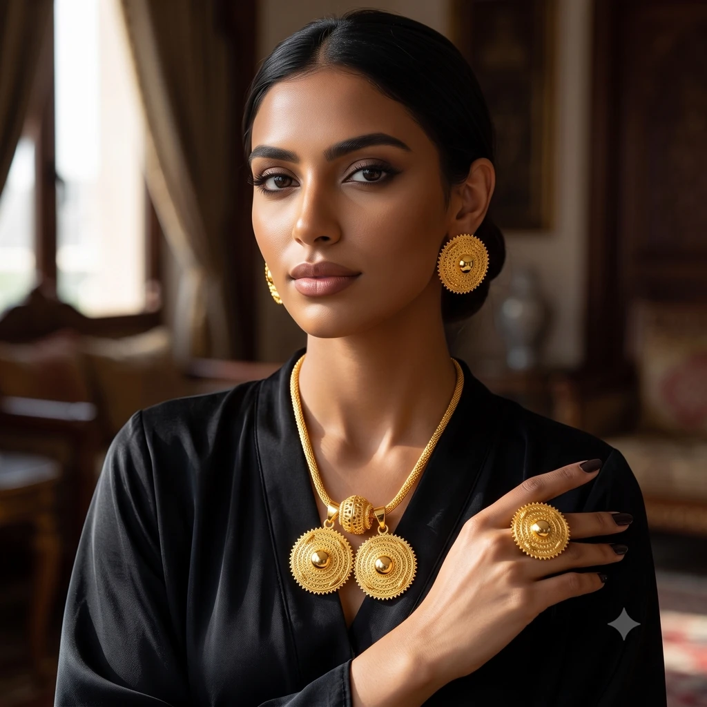 Luxuriöse Äthiopische 24k Goldfarbene Schmucksets für Frauen Dubai Braut Zweier-Rundhalsketten- und Ohrring-Set Hochzeitsgeschenke – Detail 1