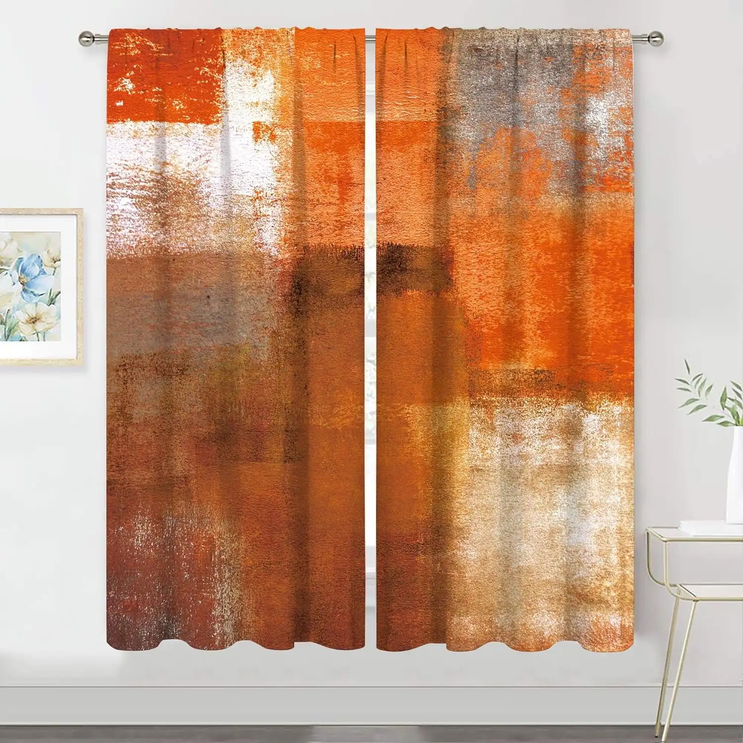 2pcs Curtains Peach Skin Polyester Abstract Burnt Orange Gray Rust Brown Watercolor Oil Painting Modern Bedroom Living Room