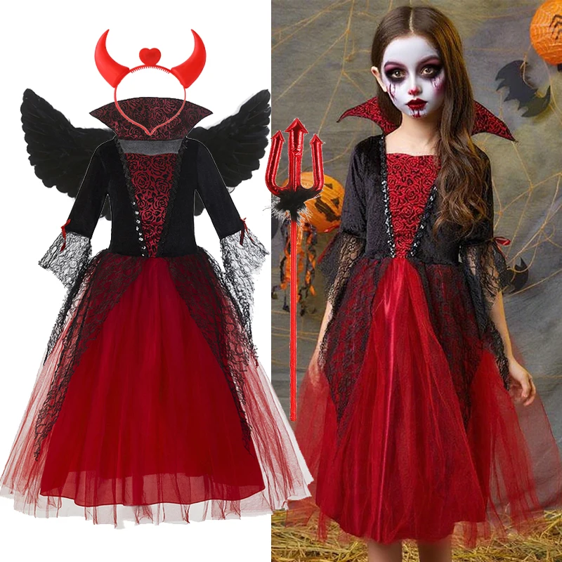 Little Red Riding Hood Halloween Dress for Kid Ghost Bride Gothic Cosplay Vampire Costume Carnival Party Clothes Boys and Girls