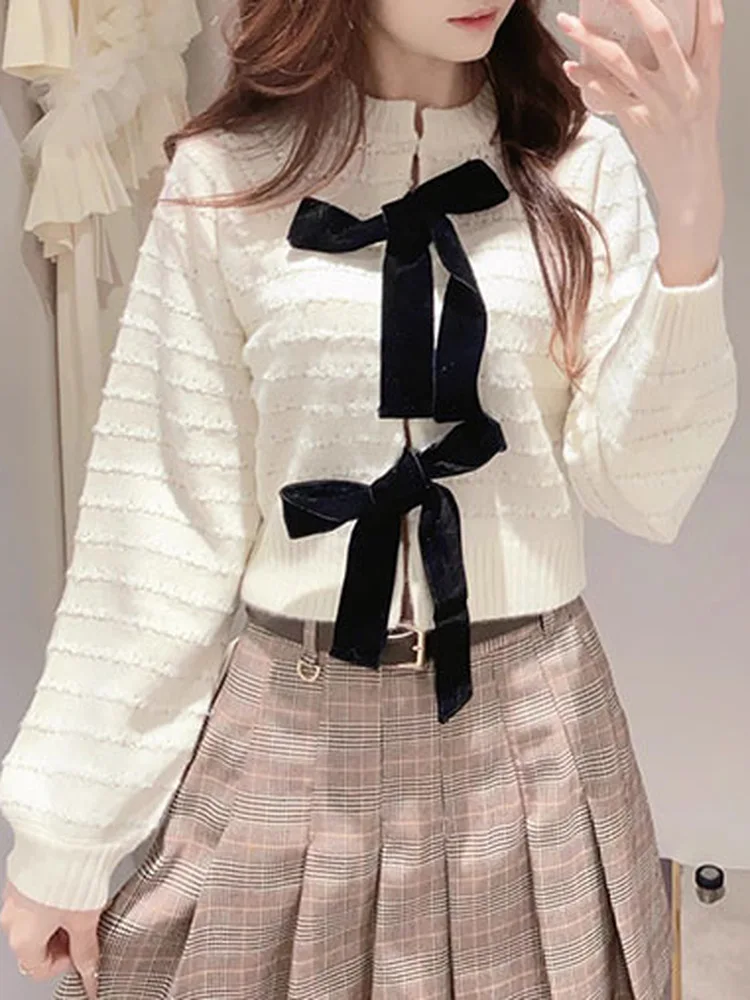 

New Autumn Winter Pure Color Sweet Knot Velvet Belt Knitted Short Cardigan Women's Fashion Sweater Tagkita Brand