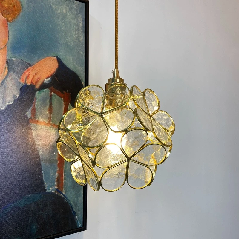 All Copper Glazed Glass Flower Bedroom Bedside Long Line Small Pendant Lamp Lotus Flower Luxury Retro RestaurantBar Light