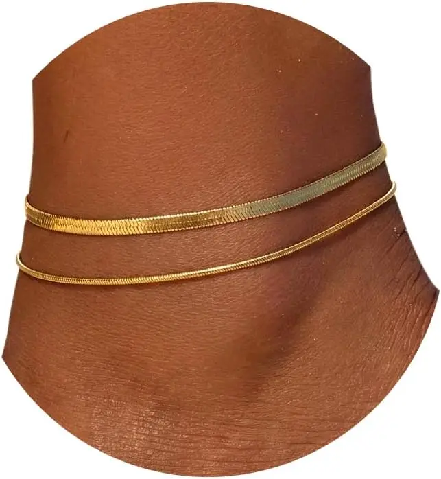 14K Gold Silver Ankle Flat Snake Chain Bracelets for Women Layered Chain Anklets Stainless Steel Waterproof Summer Beach Jewelry
