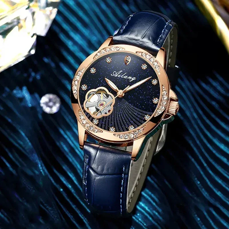 AILANG Brand New Fashion Skeleton Mechanical Watch for Women Leather Waterproof Luxury Diamond Watch for Womens Montre Femme