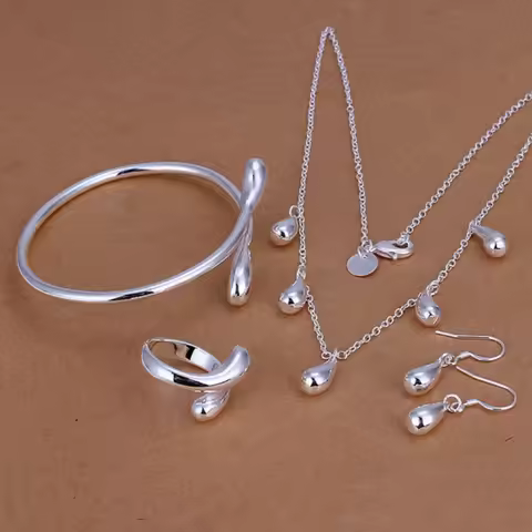 925 Sterling Silver Necklace Bangle Drop Earrings Ring Set Wedding Party Jewelry Charm Classic Women Fashion Sets